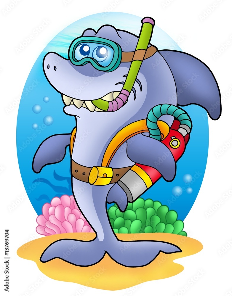Fototapeta premium Shark scuba diver on sea bottom