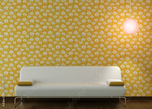 Fotografie interior design of white couch on flowery wallpaper