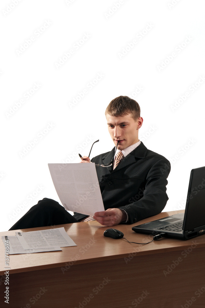 businessman reading documents, isolated on white businessman reading documents, isolated on white