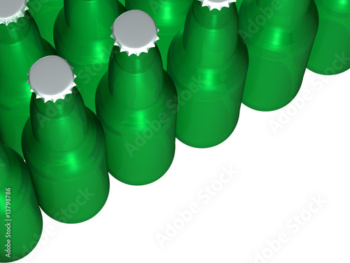 A picture of a bunch of isolated green beer bottles