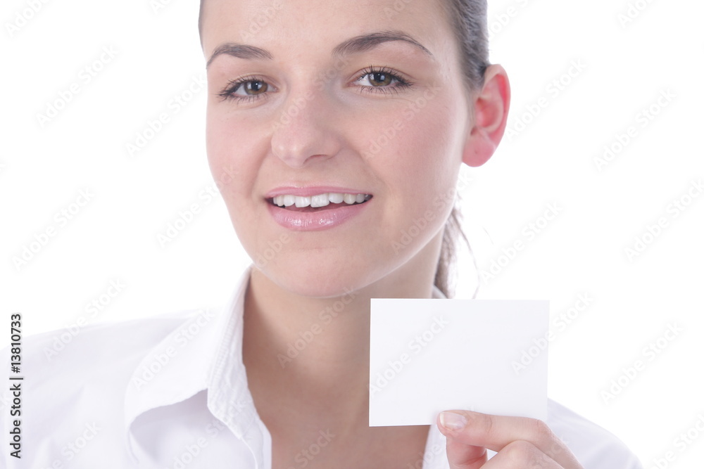 pretty girl showing business card pretty girl showing business card