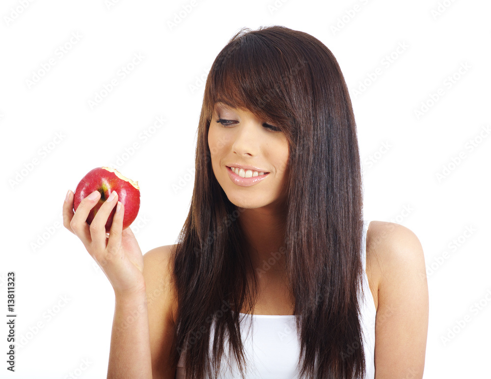 woman with red apple isolated over white background woman with red apple isolated over white background