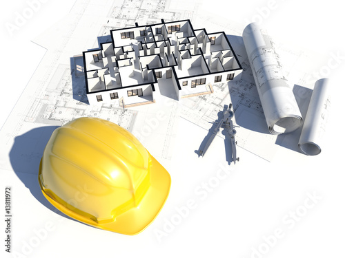 3D image if a floorplan and some blueprint and a helmet