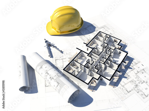 3D image if a floorplan and some blueprint and a helmet