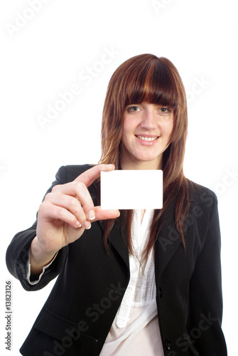 Attractive business woman showing information card