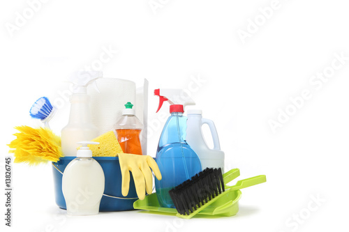 Household Cleaning Products in a Blue Bucket