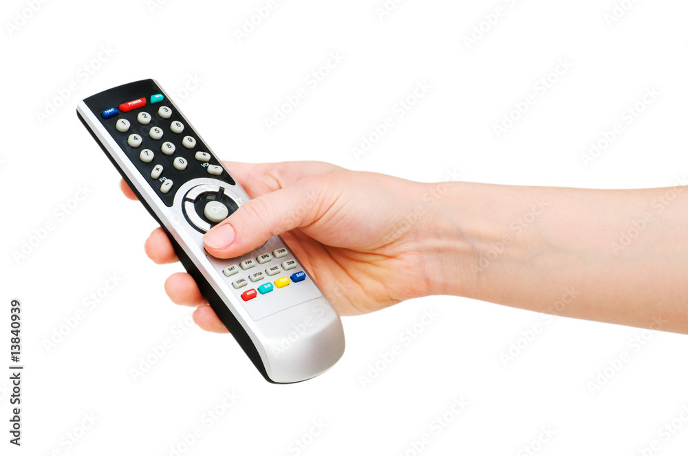 Hand with remote control isolated on white Hand with remote control isolated on white