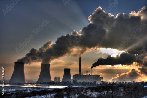 Tableau sur toile Coal powerplant view - chimneys and fumes