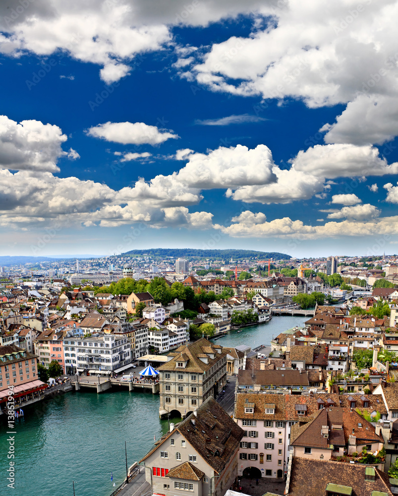 the aerial view of Zurich city