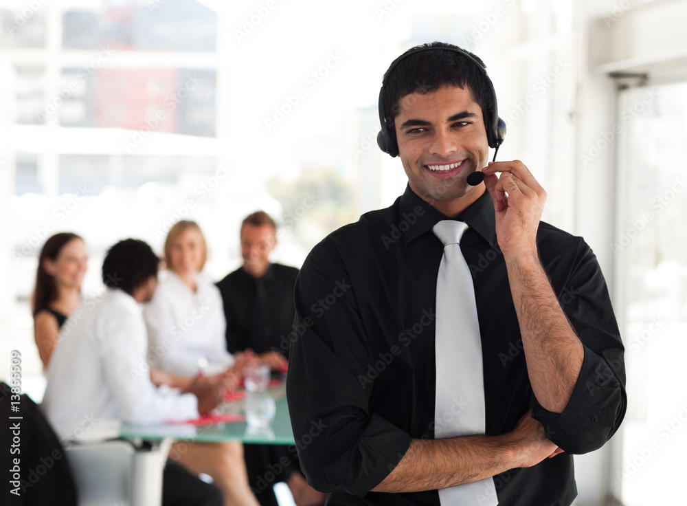 Man smiling with a headset on Man smiling with a headset on