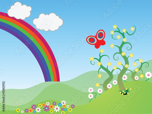 Spring Scene with Butterfly and Rainbow