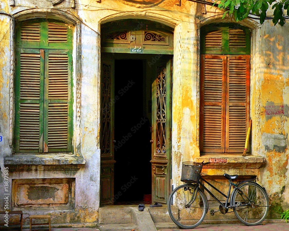 An Old House and Bicycle in Hanoi, Vietnam - obrazy, fototapety, plakaty 