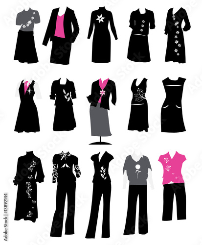Collection of women's business suits, office style, dress code