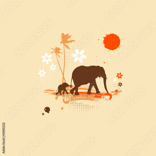 Family of elephants, summer illustration