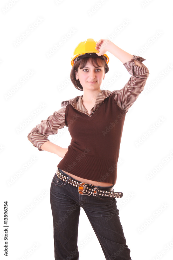 Young woman in helmet isolated on white Young woman in helmet isolated on white