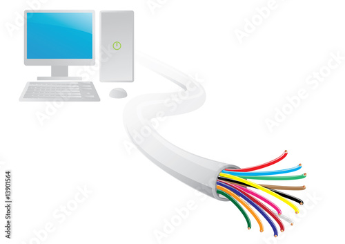computer and wire on white background