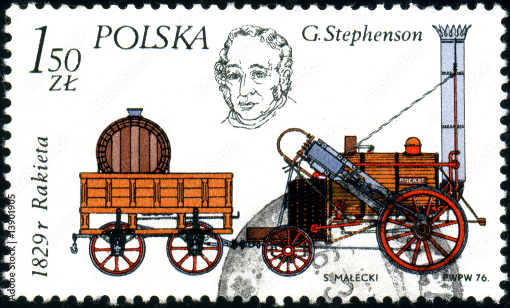 Polska. Train à vapeur. Stephenson. Timbre postal