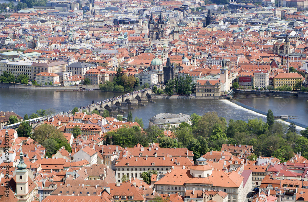 Prague - Charles bridge and town from outlook tower