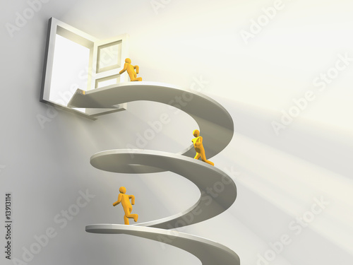 Men running on helix to open door