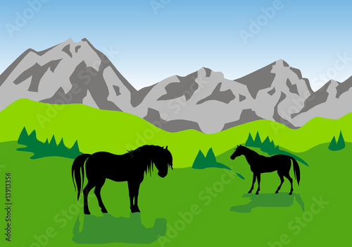 mountainous landscape with green fields and horses