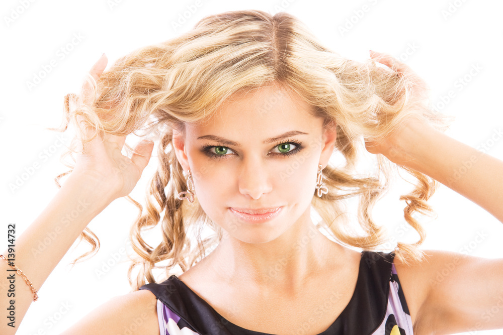 Obraz premium Young sexy woman with beautiful hairstyle, isolated on white