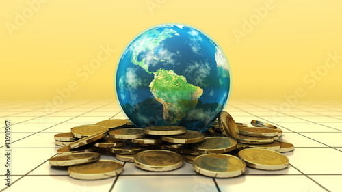 Planet Earth sits on top pile of gold coins