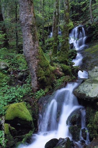 Waterfall pouring down mountainside