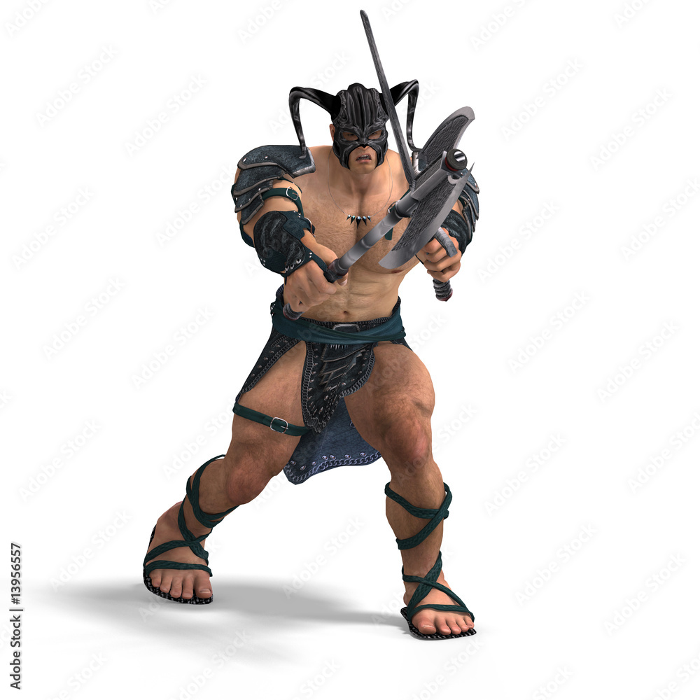 Muscular Barbarian Fight with Sword and Axe Muscular Barbarian Fight with Sword and Axe
