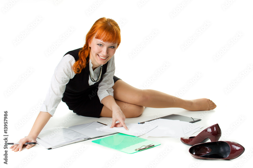 Cheerful businesswoman working with documents Cheerful businesswoman working with documents