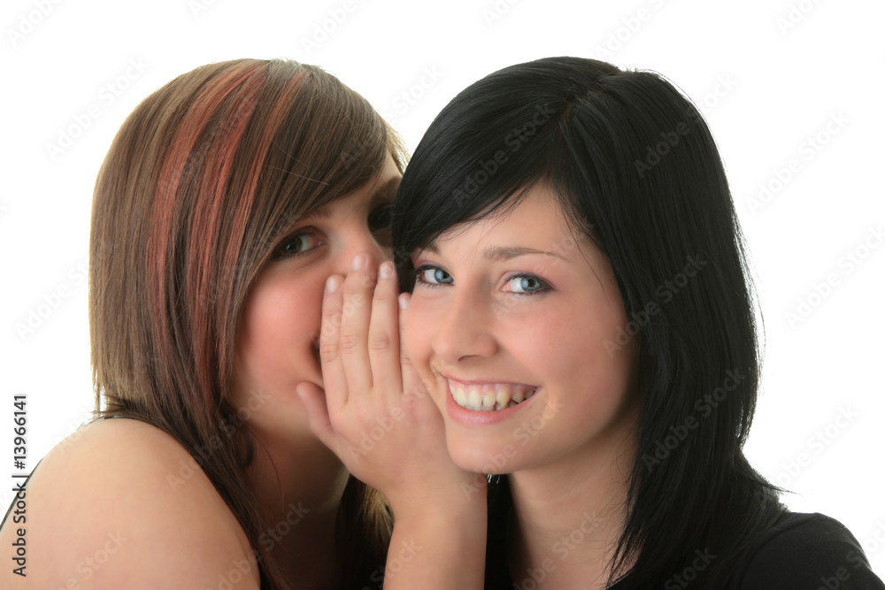 Two happy young girlfriends talking over white Two happy young girlfriends talking over white