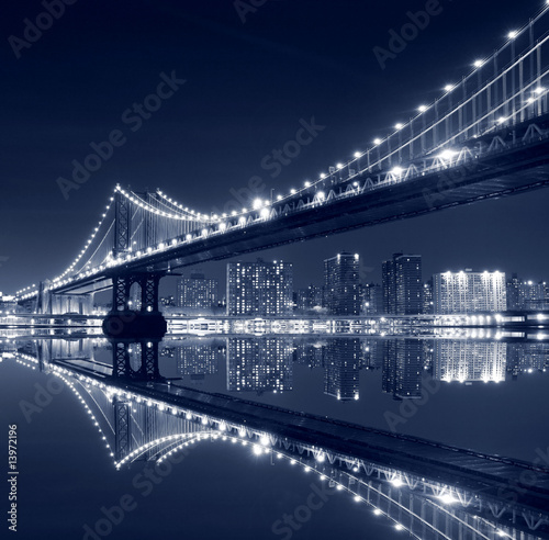 Manhattan Bridge and Manhattan skyline At Night