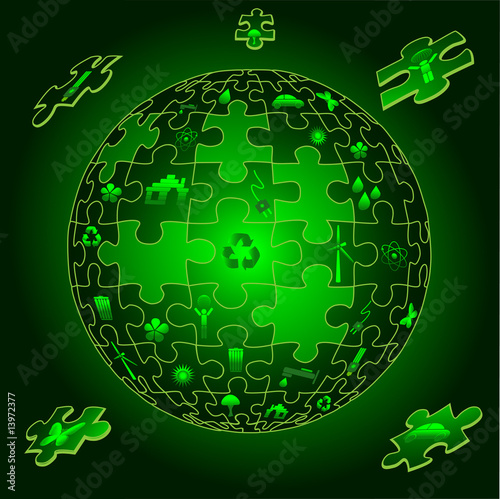 Eco earth with flying puzzle pieces with eco icons