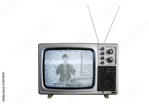 An old TV with the noise on white background
