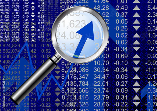 Magnifying glass over bullish sentiment trade chart