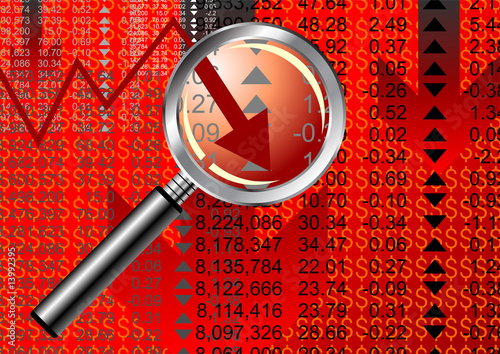 Magnifying glass over bearish sentiment trade chart
