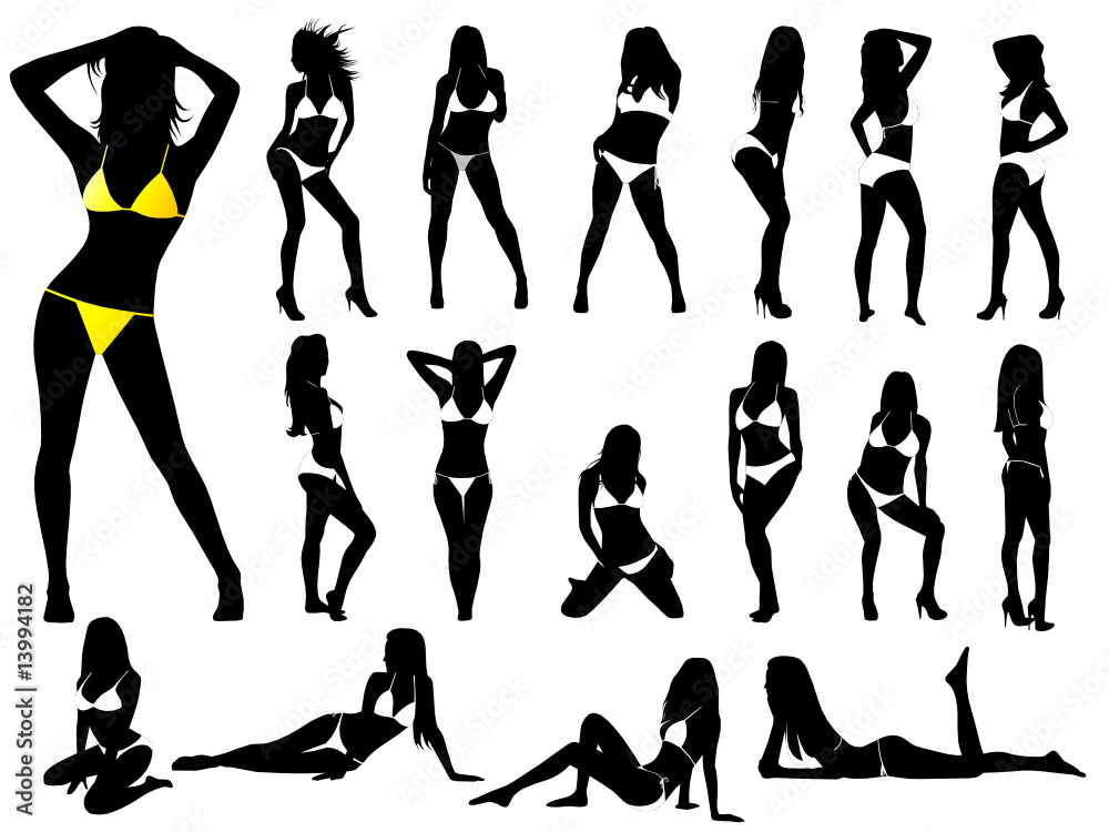 Girls in Bikinis Summer Woman Beach Collection, Vector Set (High