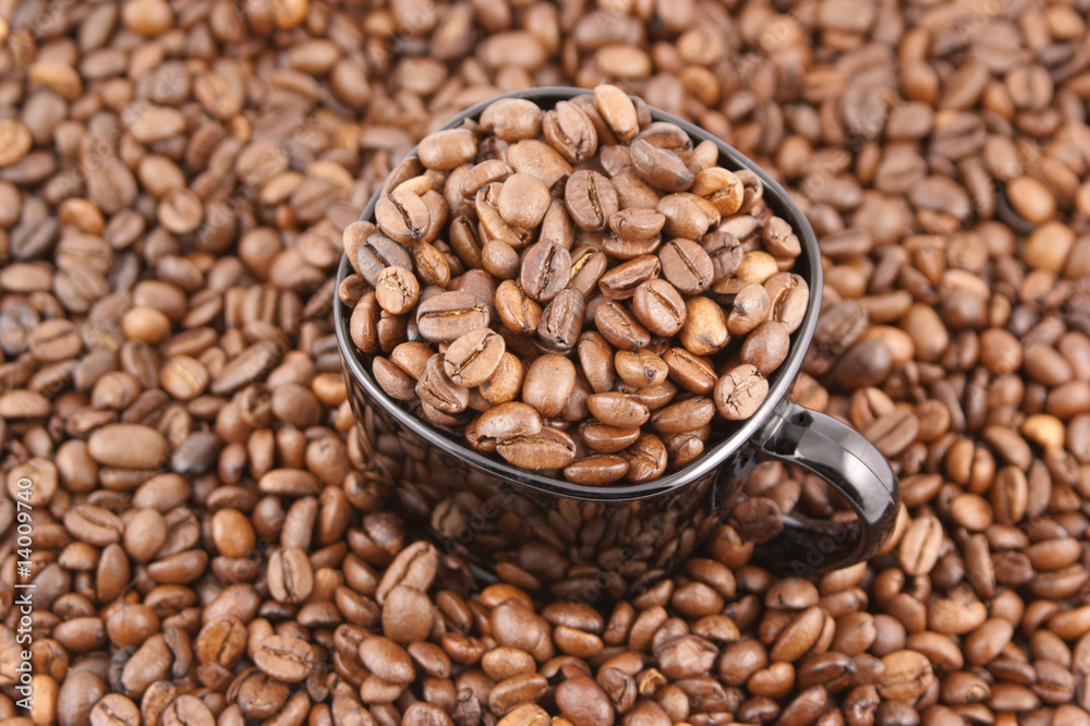 Fototapeta premium Cup of coffee filled up with coffee beans