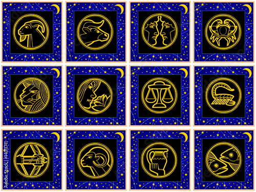 blaue dekorative quadrate mit tierkreiszeichen