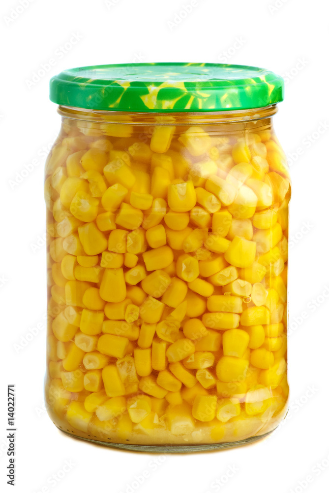 Glass jar with marinated corn grains Glass jar with marinated corn grains