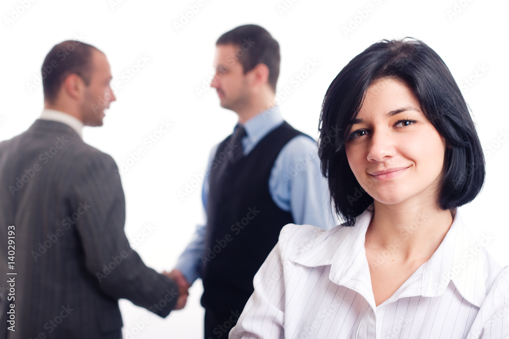 Business team - smiling woman and two happy business men