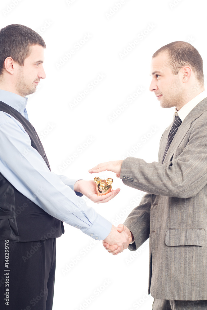 Business men with piggybank isolated on white Business men with piggybank isolated on white