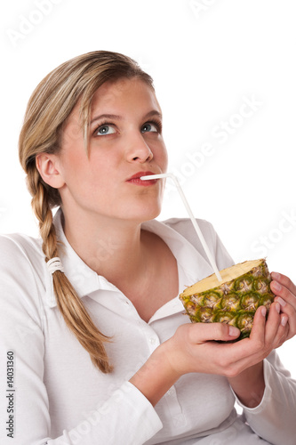 Healthy lifestyle series - Woman with pineapple watching up