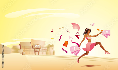 Pretty shopping woman running out of the mall