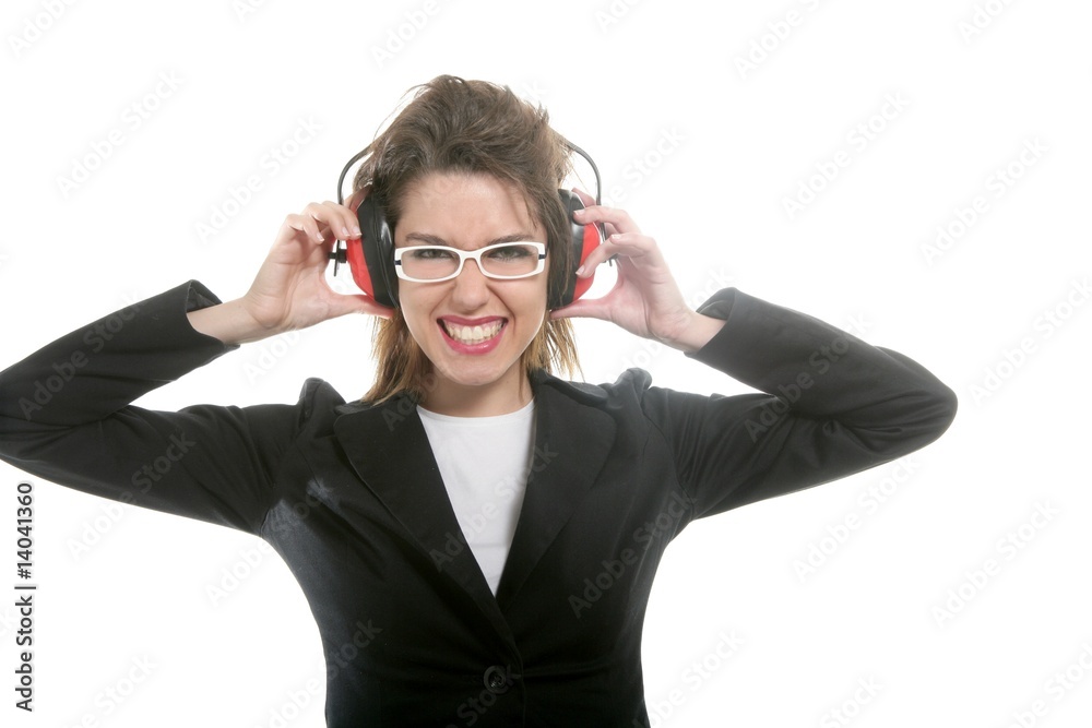 Businesswoman with noise safety headphones Businesswoman with noise safety headphones