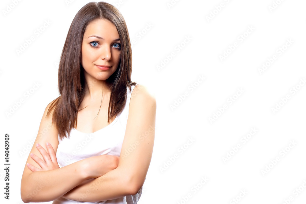 Young pretty woman, brunette with blue eyes in white sport short Young pretty woman, brunette with blue eyes in white sport short