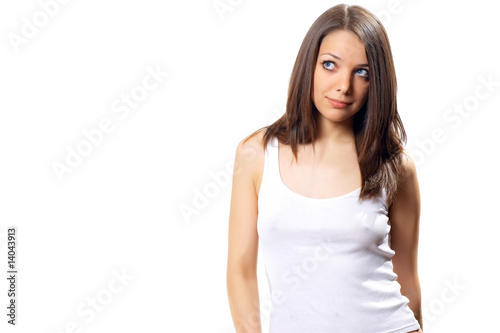 Young pretty woman, brunette with blue eyes in white sport short