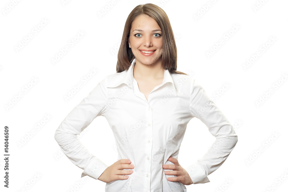 Young pretty office woman in white shirt isolated on white Young pretty office woman in white shirt isolated on white
