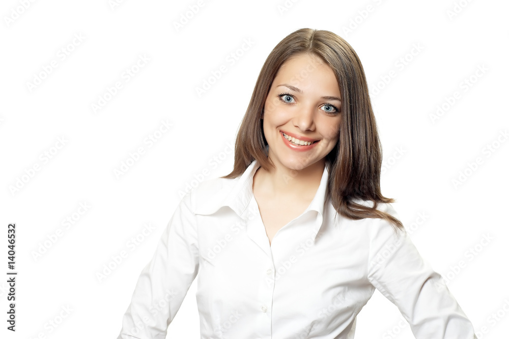 Young pretty office woman in white shirt isolated on white Young pretty office woman in white shirt isolated on white