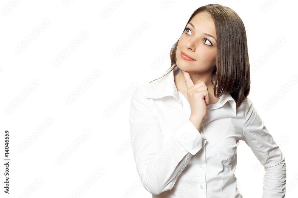 Pretty young office woman with finger on chin Pretty young office woman with finger on chin