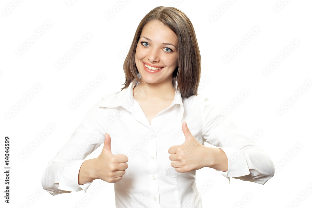 Office woman on white shirt with both thumbs up Office woman on white shirt with both thumbs up